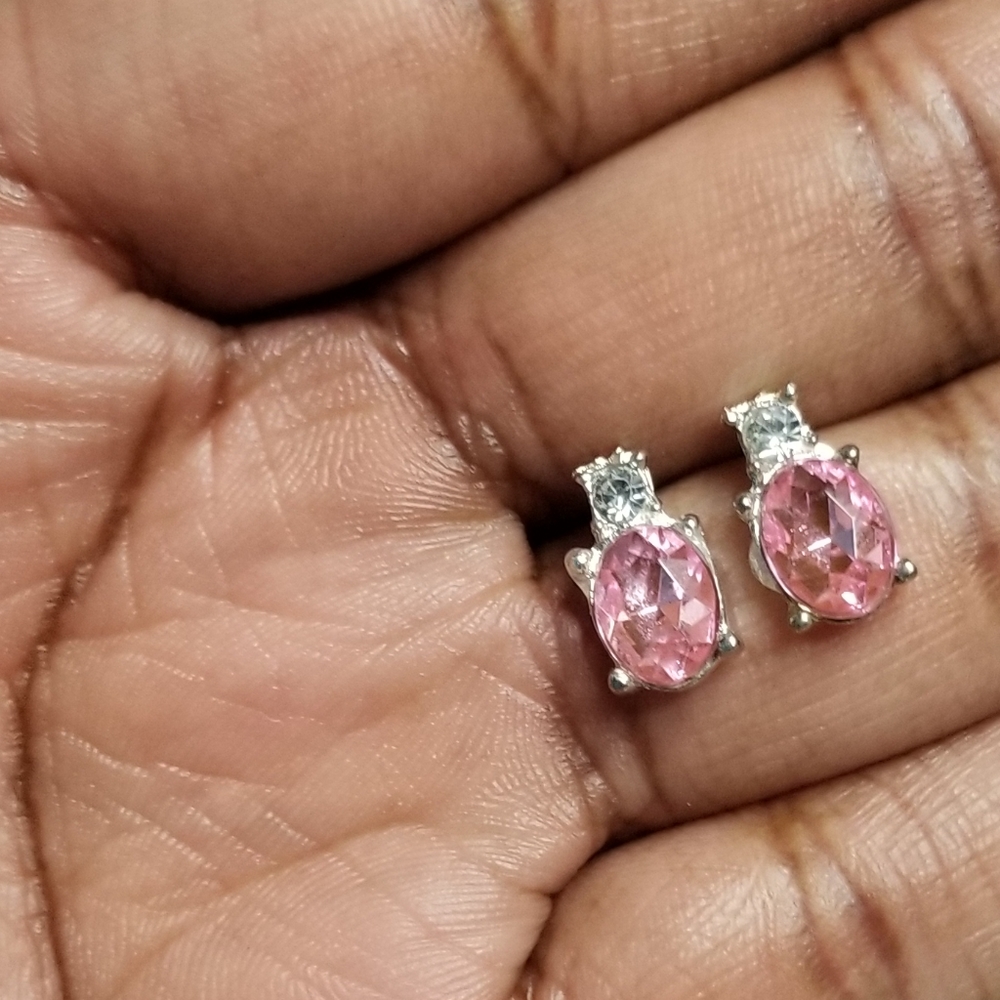 Silver & Pink Rhinestone Stud Earrings